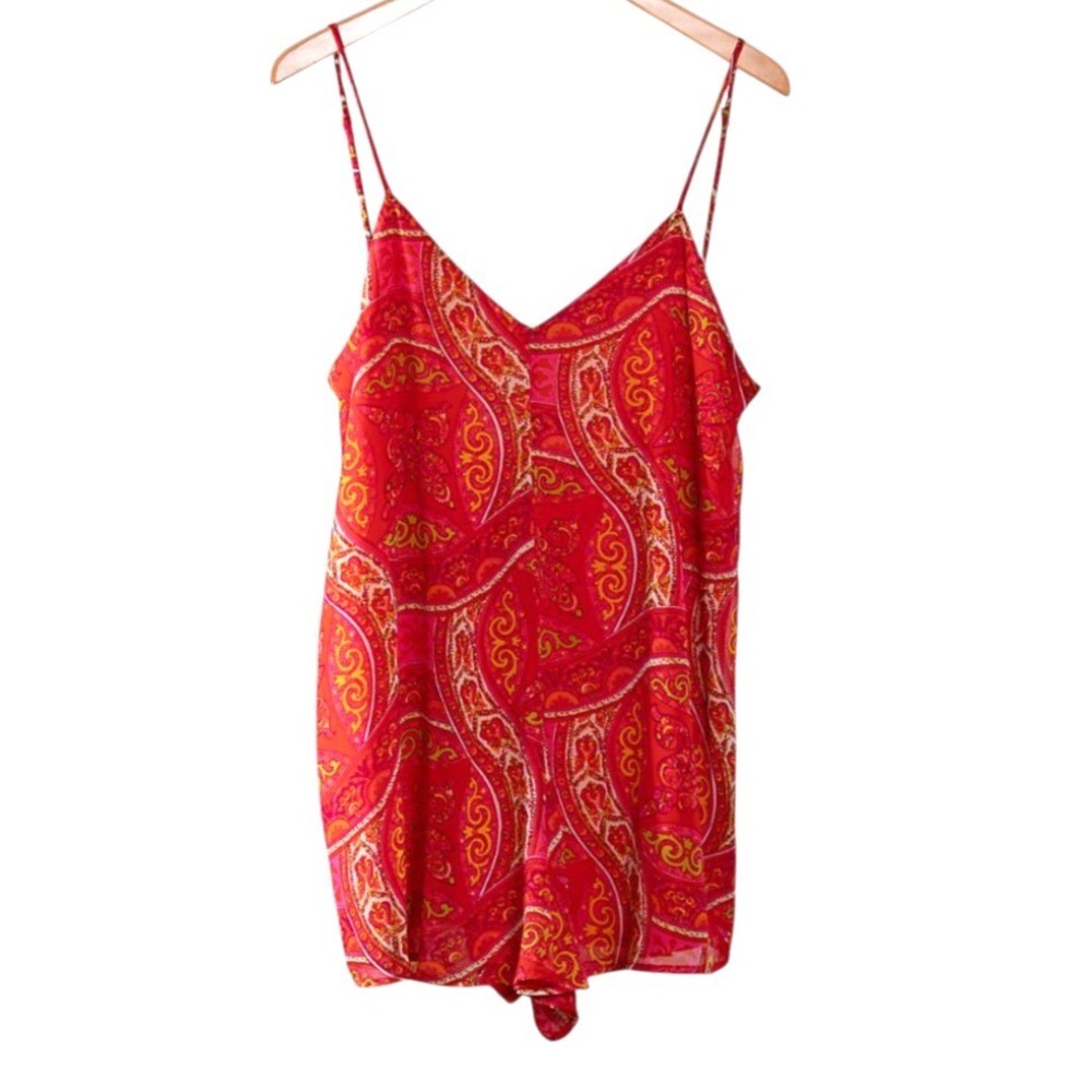 SHOW ME YOUR MUMU Rascal Romper Shorts Strappy RED/PINK/ORANGE Paisley Print S